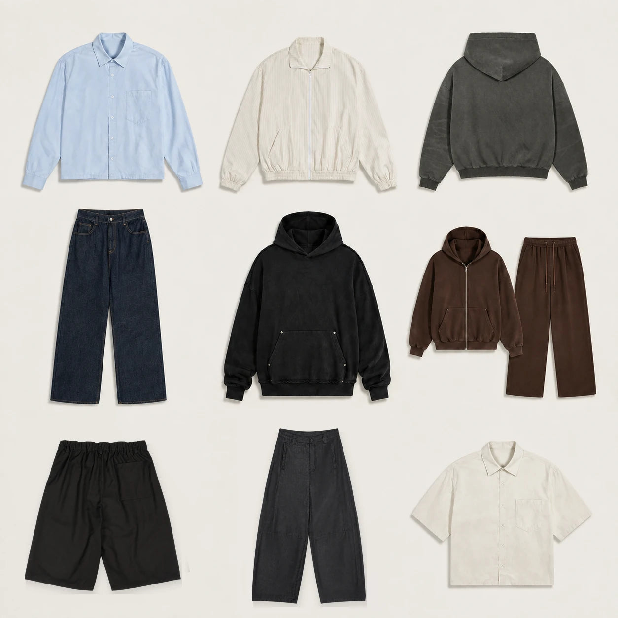 VELDEN Drop 01 board showing nine distinct menswear forms